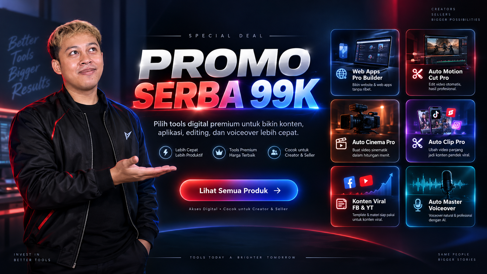 Promo serba 99K — tools digital RumahSkill untuk aplikasi, editing, konten AI, dan voiceover